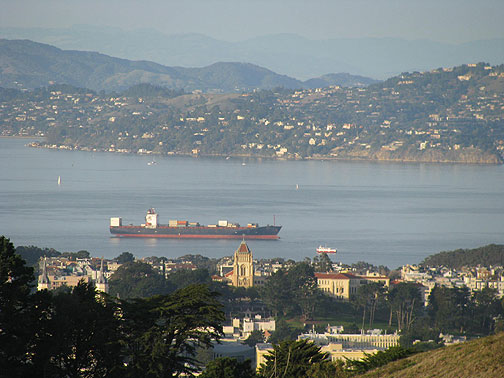 container-ship-and-tiburon-from-twin-peaks_5939 Close-up from Twin Peaks northward, partially filled container ship entering bay, Tiburon in background.