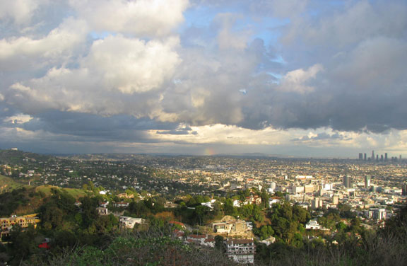 long-view-of-downtown-and-rainbow_7218 View of Downtown Los Angeles from Runyan Canyon, rainbow in distance.