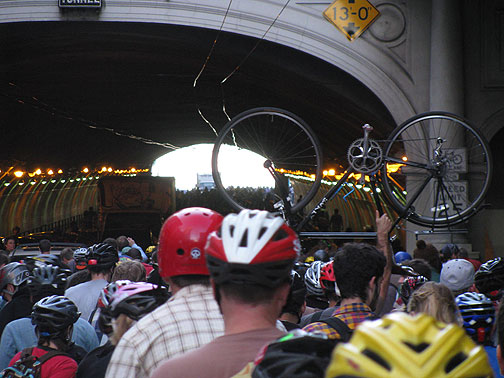 The entire Stockton Tunnel is full of cyclists heading north.