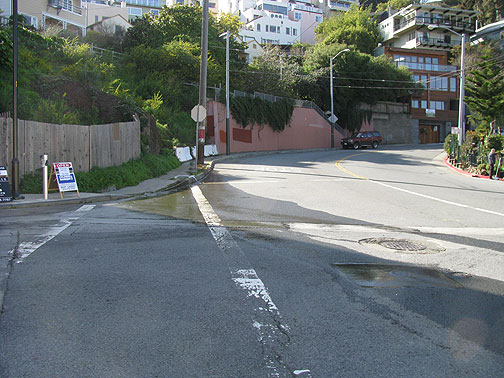 dolores-creek-headwaters-at-pemberton-steps_7699 Dolores Creek headwaters is somewhere in this hillside near Clayton and Corbett, and eventually runs downhill under 18th Street, past Dolores Park and Mission High, the Women's Bldg. and the police station, eventually finding its way to Mission Bay.