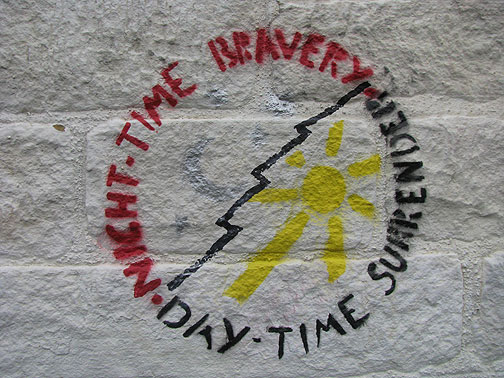 nighttime-bravery-graffiti_8662 A rare bit of ambiguously interesting graffiti on the side of the 1 in 12 in Bradford.