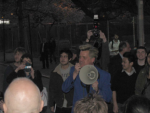 ny_rev-billy_8892 Reverend Billy showed up in front of NYU to support this small wandering demo... the next night he had the launch party for his Mayoral campaign!