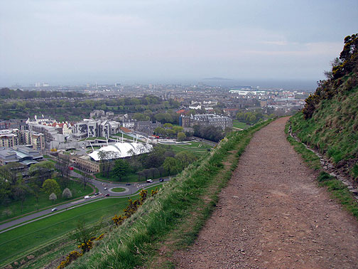 parliament-from-hill_8847 View down from Arthur's Seat path towards Scottish Parliament.