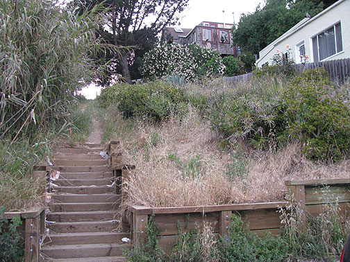bernal-ghost-street-w-wooden-stairs_9915 One of many "ghost streets" on Bernal Heights, this one with some old wooden steps inviting the walker to enter.