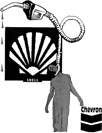 Image drawn by Jim Swanson in 1996, dramatizing the murder of Ken Saro-Wiwa by the Nigerian military and its multinational sponsors.
