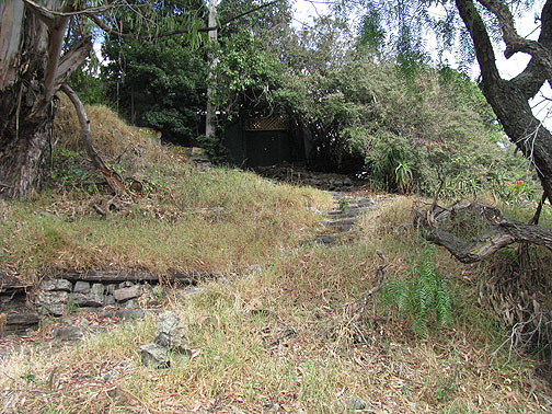 kansas-and-22nd-secret-stairs-bottom_0428 Near the 22nd Street overpass, where Kansas apparently dead-ends, a driveway goes up past flourishing trumpetvine bushes. Just 20 yards up the driveway this public path leaves to the east.
