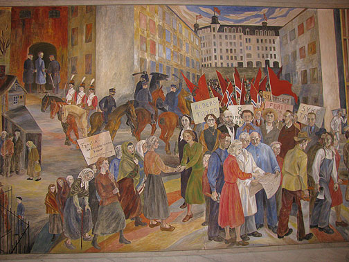 Left side of a mural inside City Hall depicting the Norwegian workers getting basic rights.