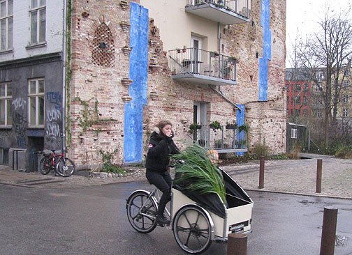 christiania-bike-at-rain-catcher_3621 A typical Danish Christiania bike passes by a permacultural rain catchment installation (in blue) on coop apartment building behind.