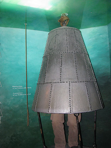 diving-bell-1700s_3408 An actual diving bell from the 1700s, in which the diver stands inside the bell, breathing the air at the top, while submerged in 16 meters of freezing cold water. From the invisible top of the inside, he hooked the 1.5 ton cannon in the sunken Vasa, and one a time they recovered more than 50 of them using this unbelievable technology!