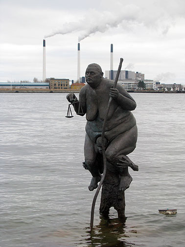 justitia_4037 Jens Galschiot put Justitia in the water a few meters from Copenhagen's famous Little Mermaid statue. "I'm sitting on the back of a man--he is sinking under the burden--I will do everything to help him--except to step down from his back." Justitia, Western Goddess of Justice... see more of his amazing work at www.sevenmeters.net.
