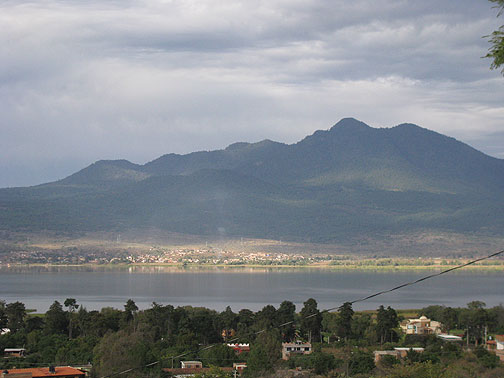tzintzuntzan-view-from-ruins-across-lake-with-sun-on-town_4277 View across lake from TzinTzunTzan's ruins.