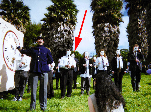 The Rememberator performance at Dolores Park, Mayday 1998. Greg is in back under the red arrow. Bill Kersnowski as Emperor Norton gesturing at the actual device: The Rememberator!