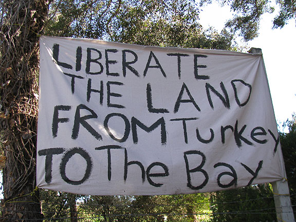 Banner hanging at the former Hayes Valley Farm, taken over on June 1 by folks who dubbed it "Gezi Gardens" in solidarity with the Turks... they were evicted by heavy police attack on the night of June 12... other photos from the short-lived occupation appear below.