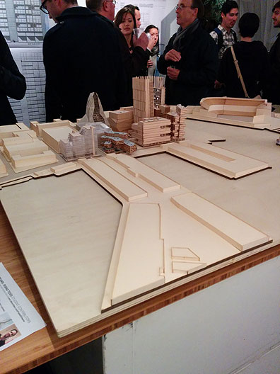 This mockup is from a student studio presentation last week at David Baker's Storefront Lab on Shotwell Street in San Francisco. It depicts building designs prepared for the Seawall Lot 337 across Mission Creek from the Giants ballpark, and adjacent to Pier 50 (which in turn has subsumed the original Mission Rock,once far out in the bay). It is possible that the master developer here, the SF Giants, will opt for some version of these highrise plans for their new residential and retail "village" they are proposing to build.