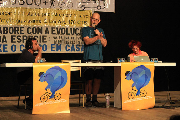 Here I am giving my Talk on Friday night before the wet Critical Mass on Feb. 14 in Curitiba.