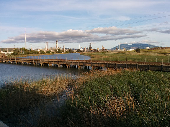 Turns out this was a dead-end on our ride, and we had to go back, but it was a sweet golden light moment with a great view of the refinery and Mt Diablo behind it.