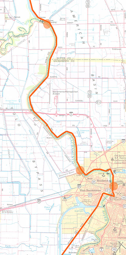 This map shows our route along the Garden Highway, with spots at Old Sacramento and the Sacramento Bypass.
