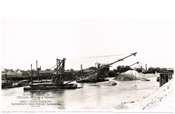 In this 1930 image from "The Tule Breakers" you can see the dredges working to excavate sand and mining debris (still flowing down from the Gold Rush days) from the channel of the Sacramento River.