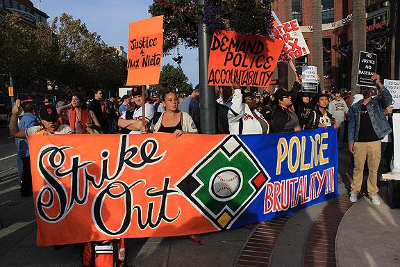 From Ferguson to San Francisco, justice for Mike Brown and Alex Nieto... great demonstration outside the playoff games at the Giants ballpark on Wednesday and Thursday.