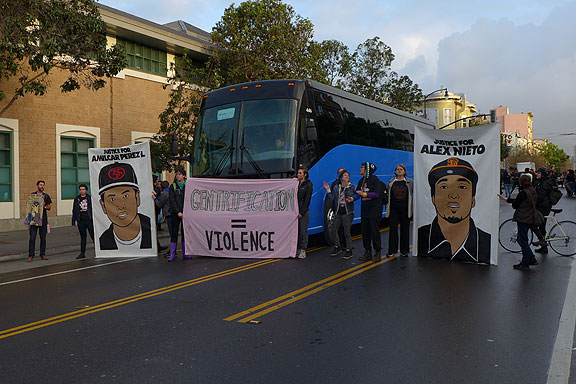 The ebay shuttle bus, blockaded in front of the Mission Police Station on Monday morning March 23, 2015.