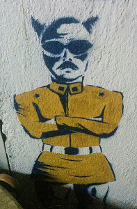 I found this stencil on the wall in a bike/vegan collective warehouse in Valparaiso.