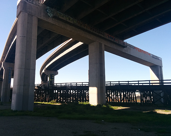 On a March ride with my pal Dave Snyder, we wandered under the freeway ramps near the Bay Bridge and in West Oakland. Weirdly beautiful!